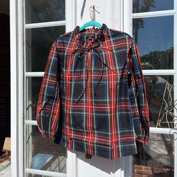 J Crew Stewart Tartan Plaid Tie Neck Scalloped Top NWT - Picture 5 of 14